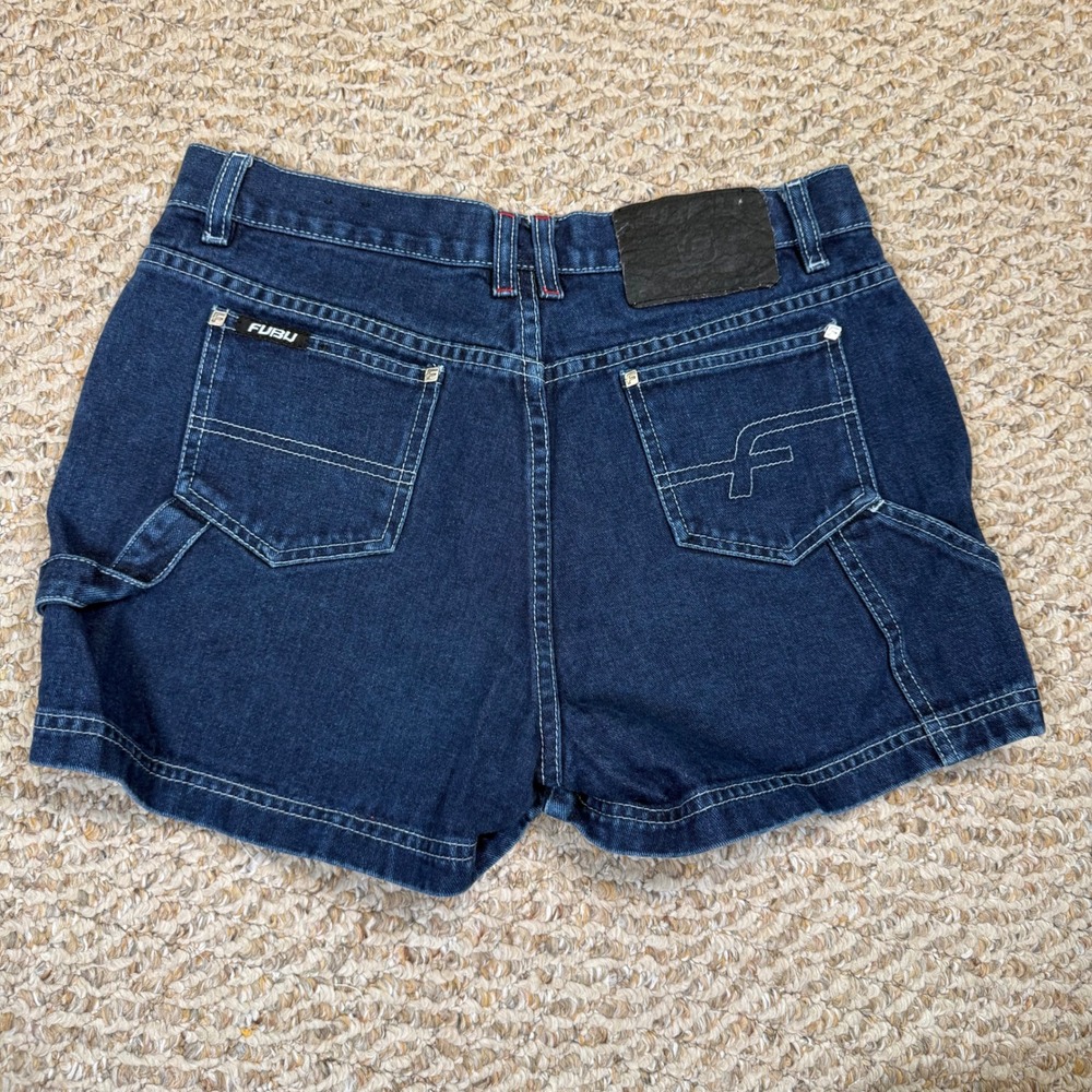 Vintage FUBU The Collection Denim Shorts Dark Wash Carpenter High Rise Sz 9/10